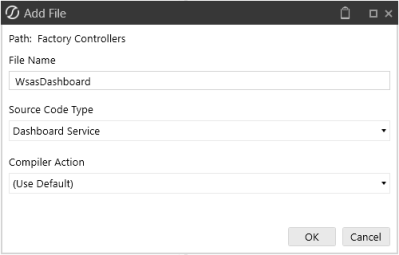 Dashboard Service selected from Source Code Type in Add File dialog box